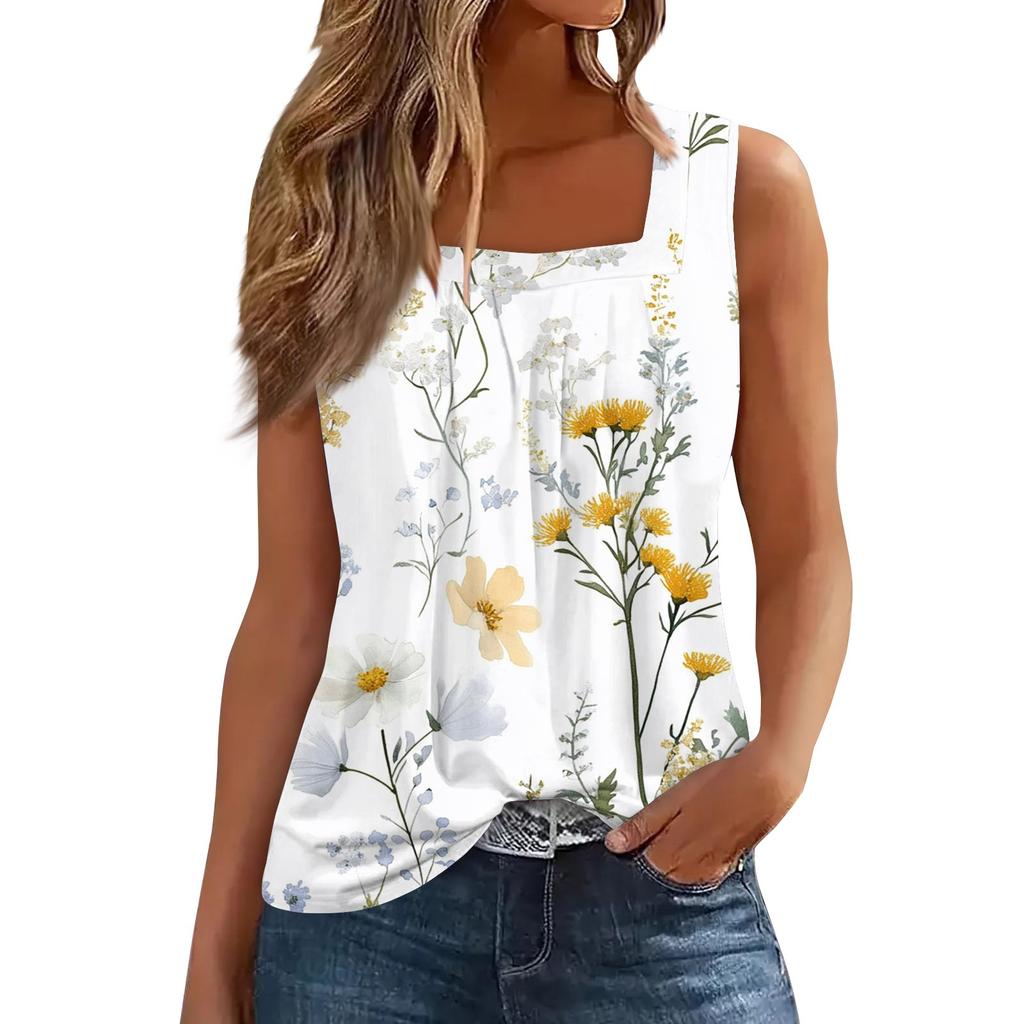 Women's Pleated Square Collar Sleeveless Vest Print T-shirt