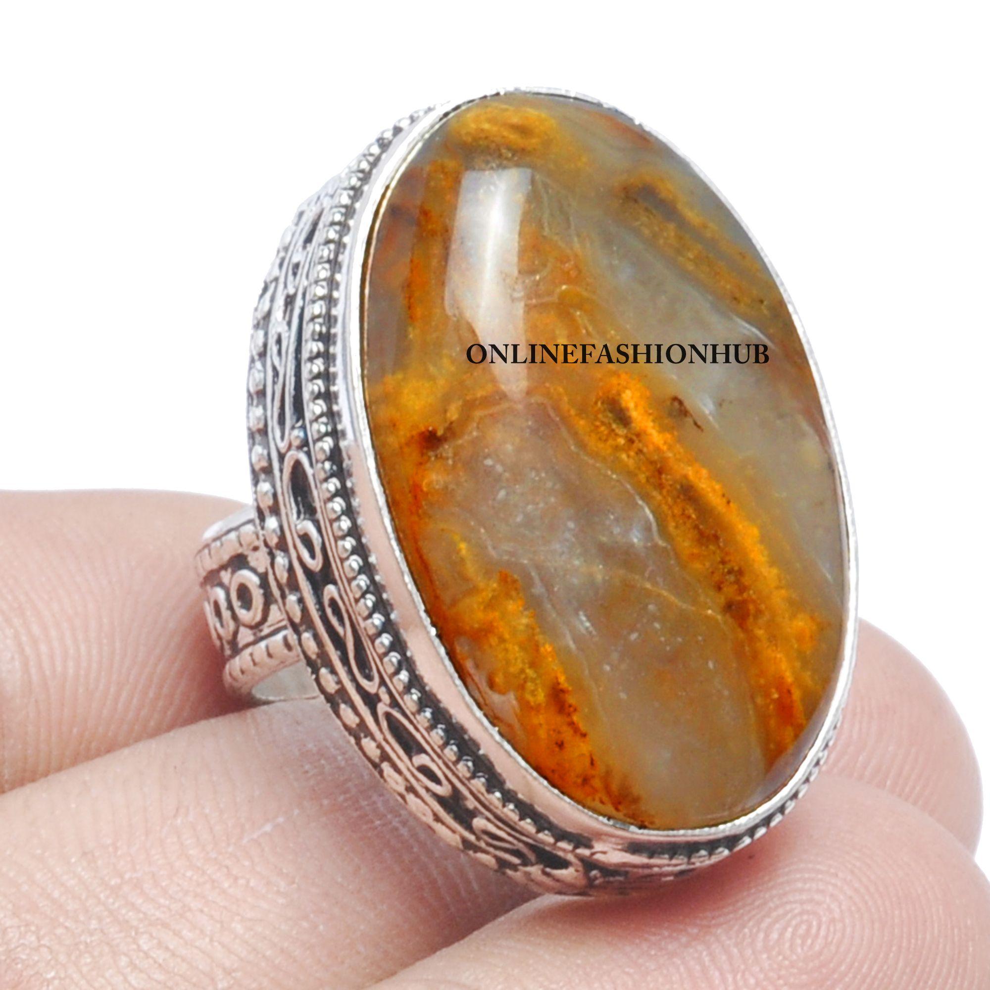 

Винтажное кольцо с желтым моховым агатом 925 пробы с серебряным покрытием VRI-R84