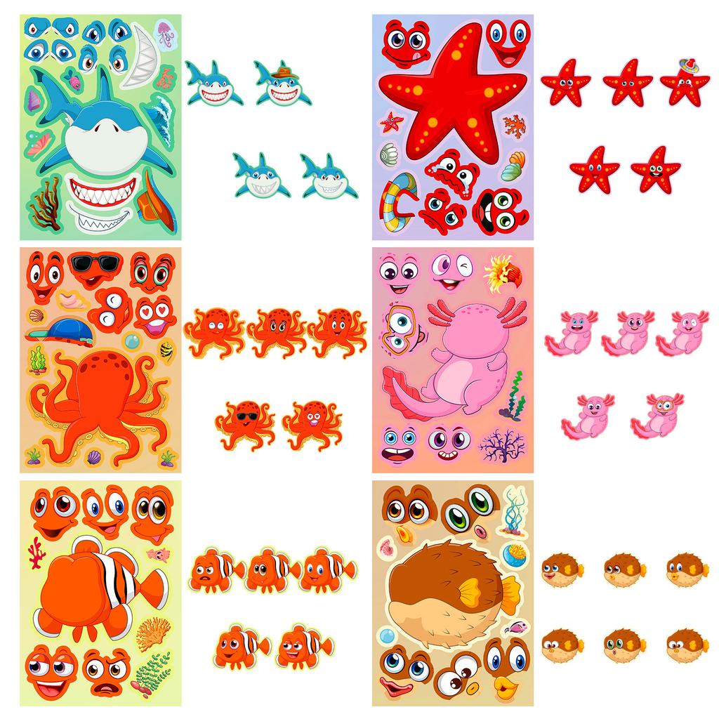 6 Photos/pack of Cute Marine Creatures Repeatable Puzzle Stickers Waterproof Stickers