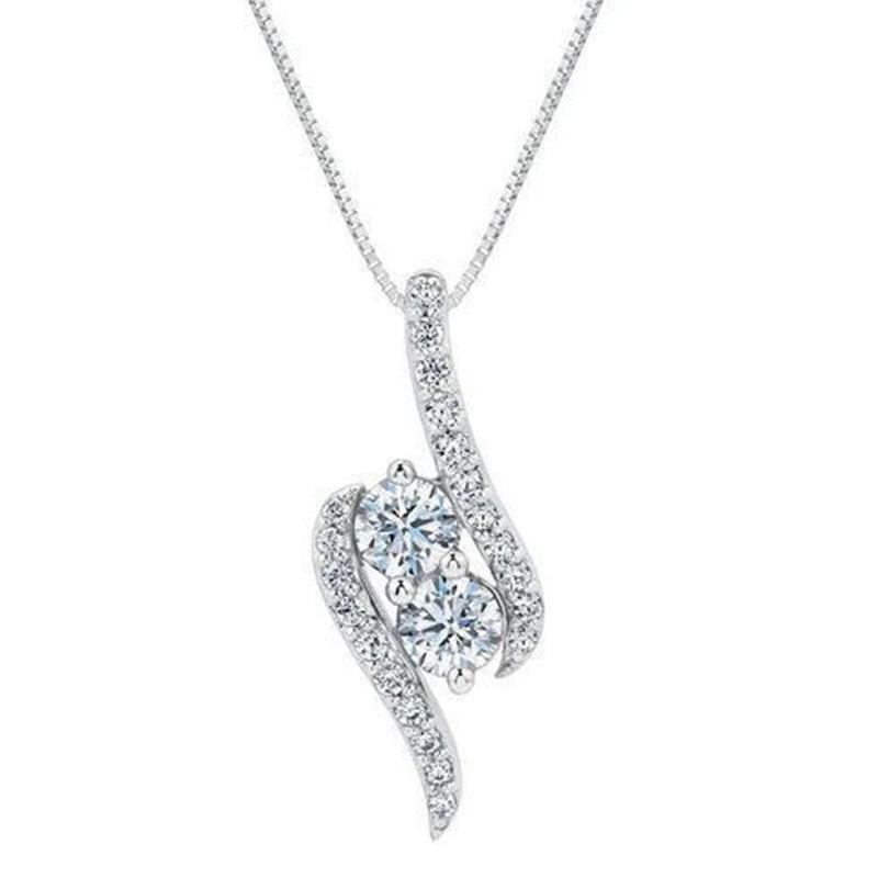 Dual Round Stone Twisted Curved Full Paved Pendant Women Thin Box Link Clavicle Necklace