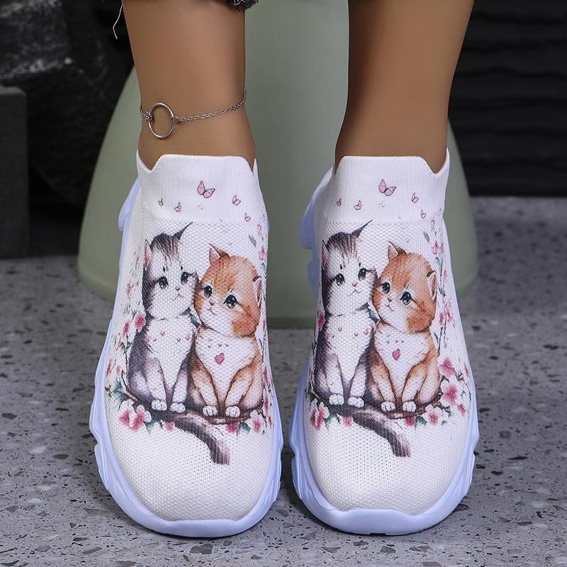 Lucyever Cute Cat Printing Flats Shoes Women Autumn Slip On Breathable Mesh Sneakers Woman Plus Size Platform Loafers Ladies 43