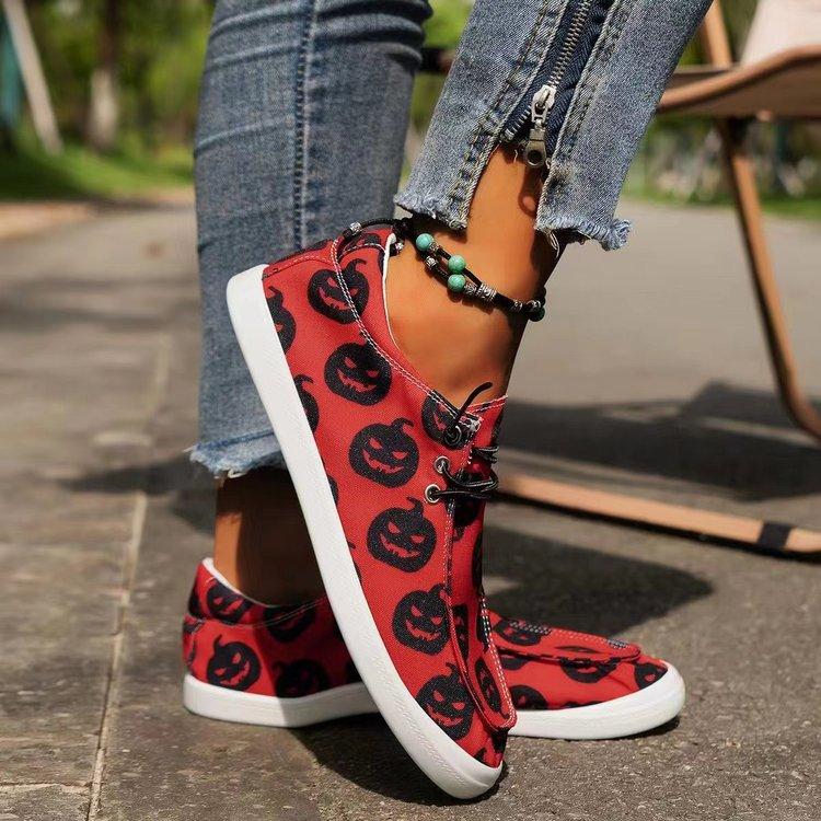 Casual Single Shoes Lace-up Graffiti Shoes Halloween Pumpkin Skull Casual Shoes