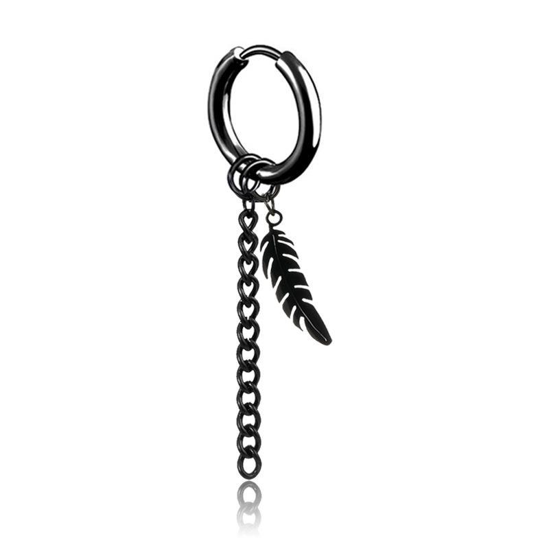 Korean Style Tassel Chain Non-Pierced Titanium Steel Leaf Feather Earrings