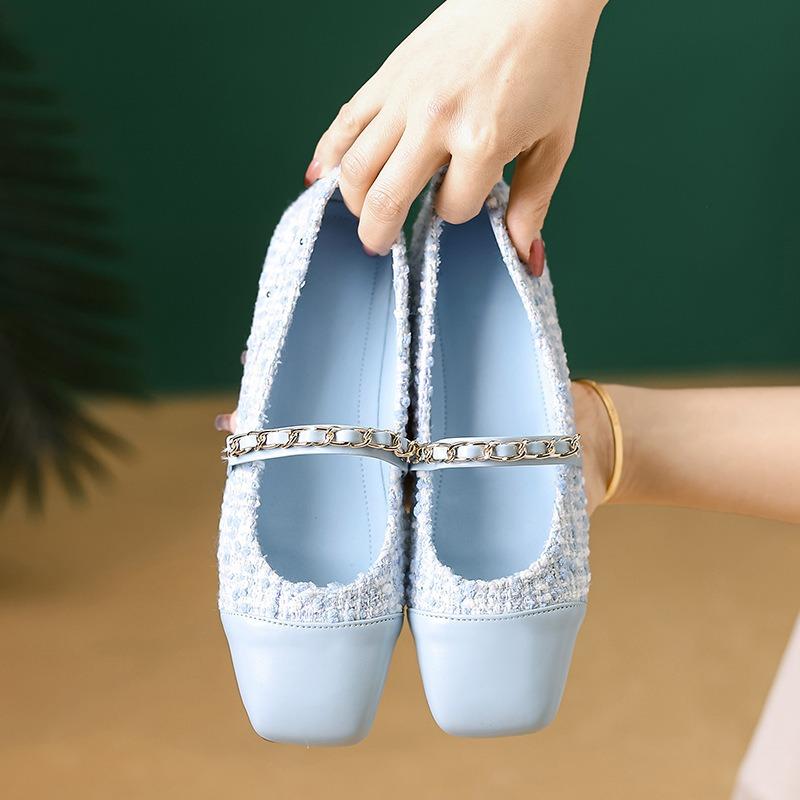 Women Mary Jane Shoes Elegant Tweed Chain Straps Flats French Square Toe Pumps Daily Soft Sole Slip-on Thin Shoes Casual Loafers