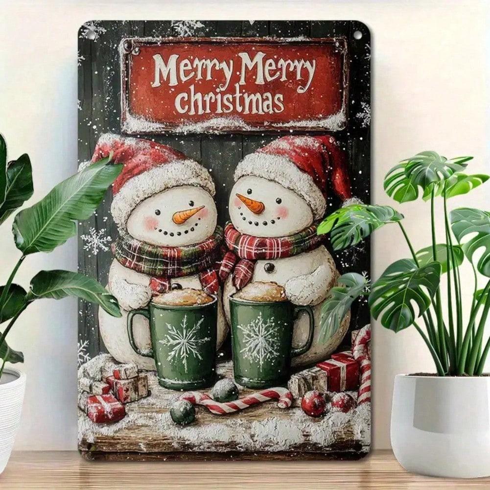 Vintage One Piece Snowman Tin Metal Wall Sign Christmas Holiday Home Decor