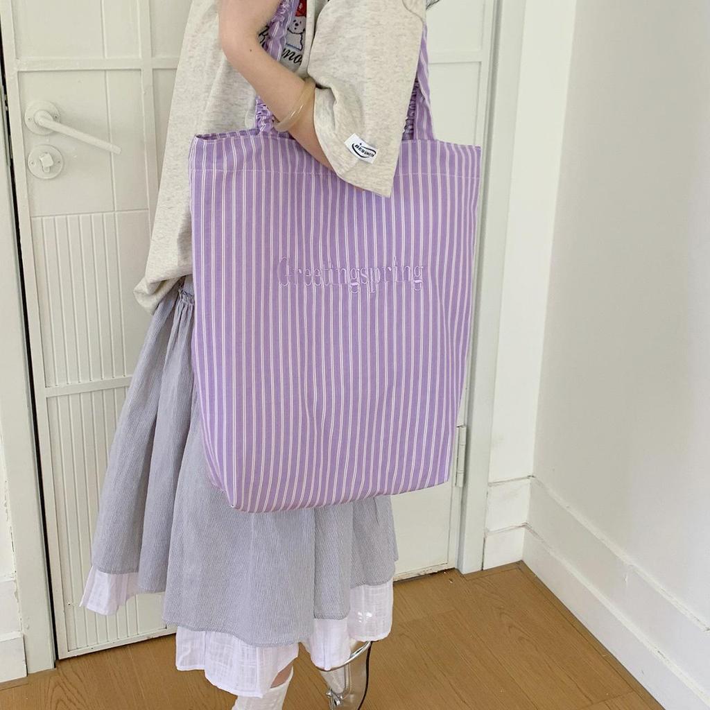 Korean-Style Retro Striped Tote Bag – Large Capacity Shoulder Bag