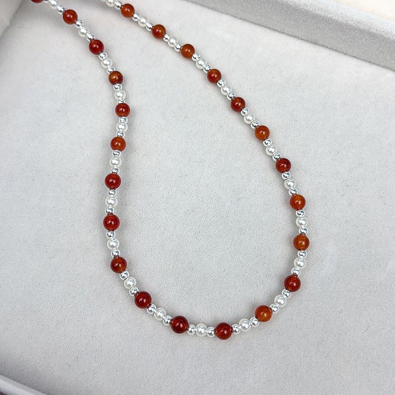S925 Sterling Silver Red Agate & Imitation Pearl Layered Necklace for Women - Perfect for Christmas & New Year