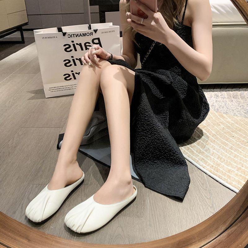 Grandma shoes half slippers women's outer wear 2025 summer new fashion pleated shallow mouth French half slippers women's pedal