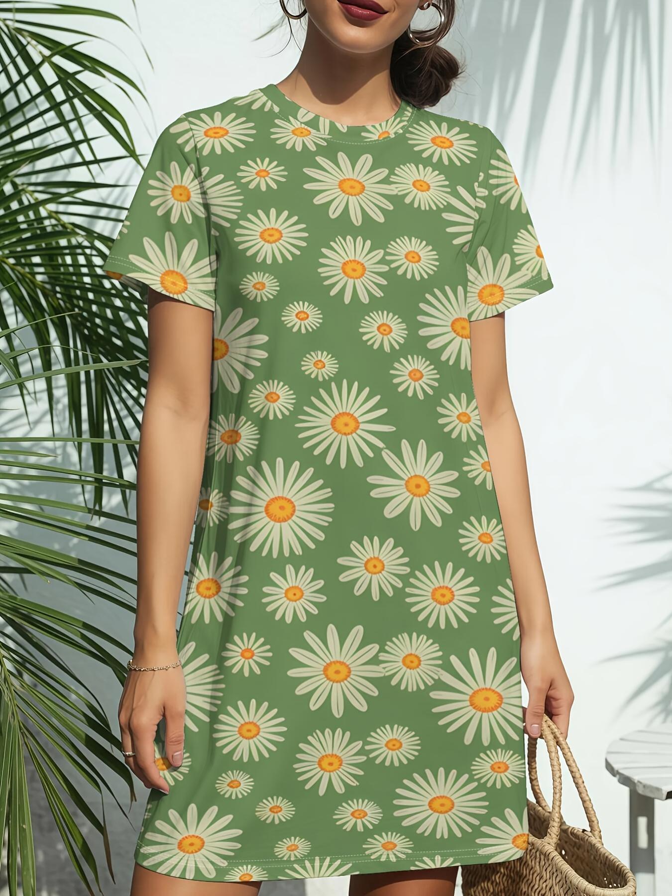 

White Daisy Greennew Arrival Women S Round Neck Short-Sleeve T-Shirt Dress. American Trendy Digital Print. Casual Versatile Style for Spring And Summe S дубильна кора