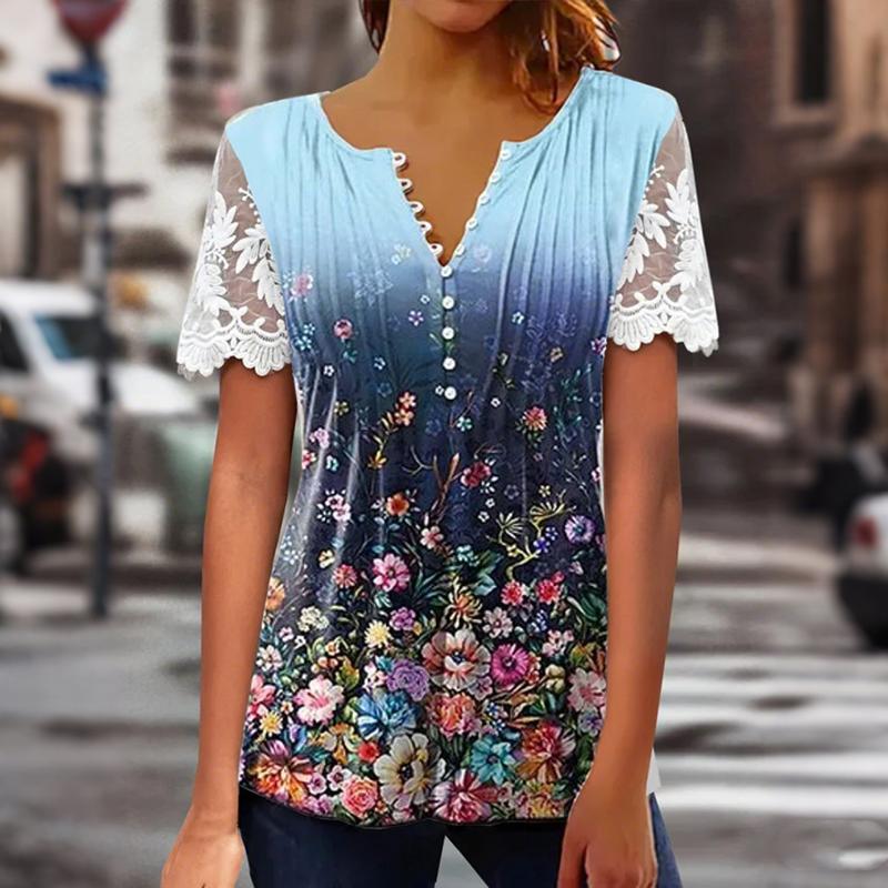 Women Summer Short Sleeve V Neck Printed T Shirt Top