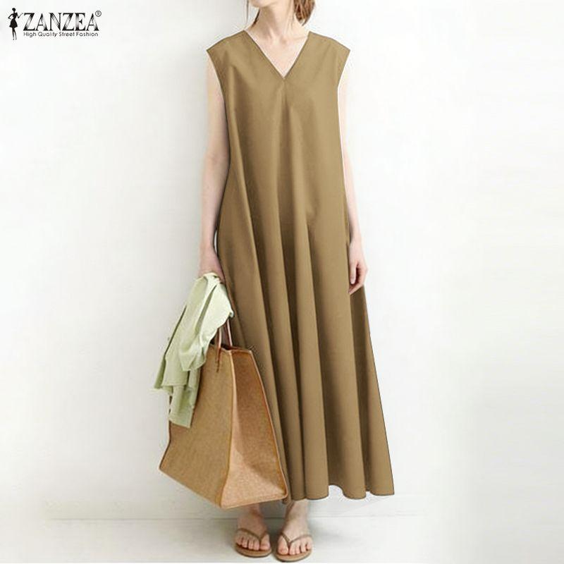ZANZEA Women Casual V-Neck Solid Color Loose Sleeveless Dress