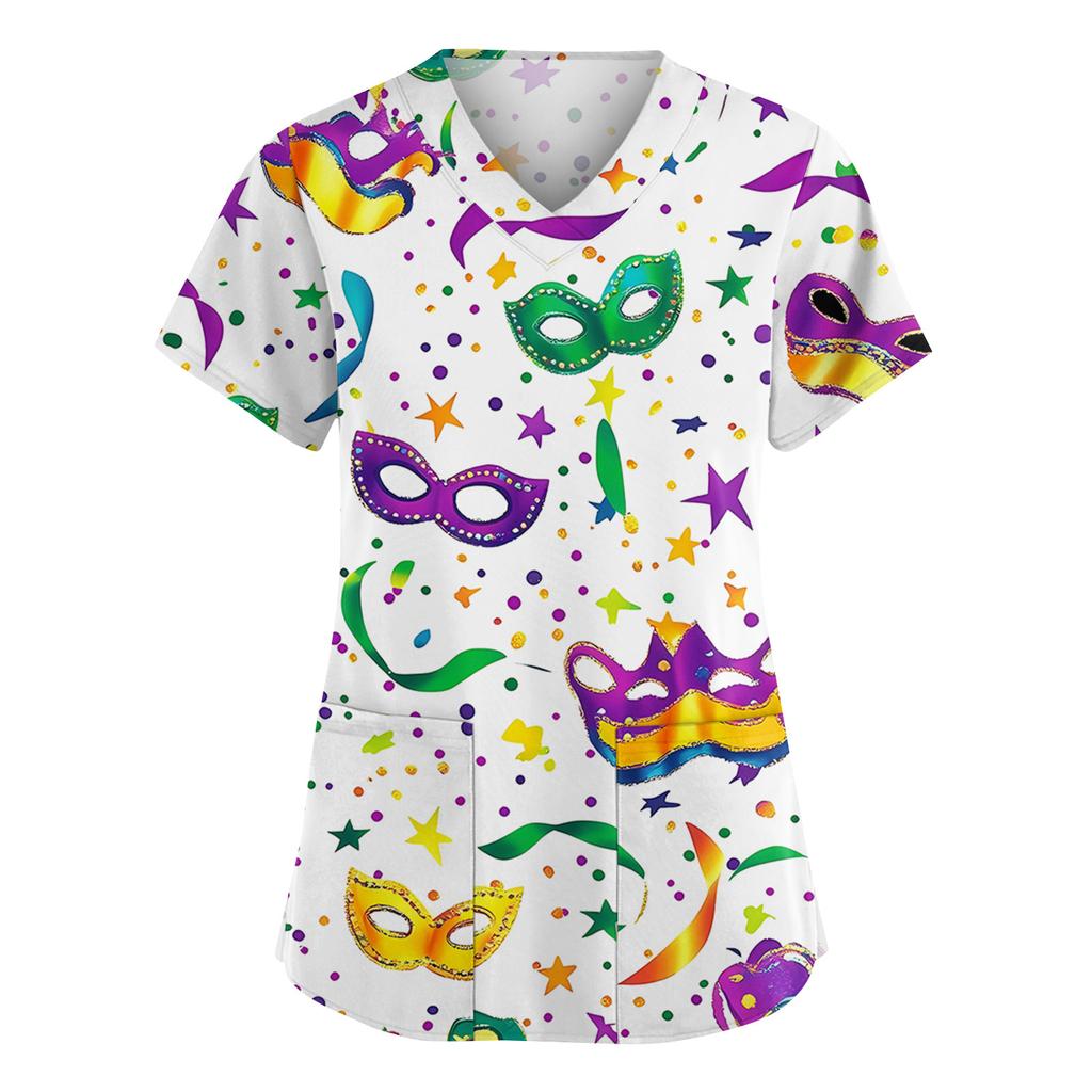 Women's Fashion V-Neck Short Sleeve Overalls With Pockets  Print Tops  Clothes