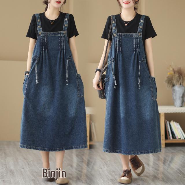 Plus Size Women's Autumn Denim Suspender Skirt - Mid-Length Sleeveless Dress