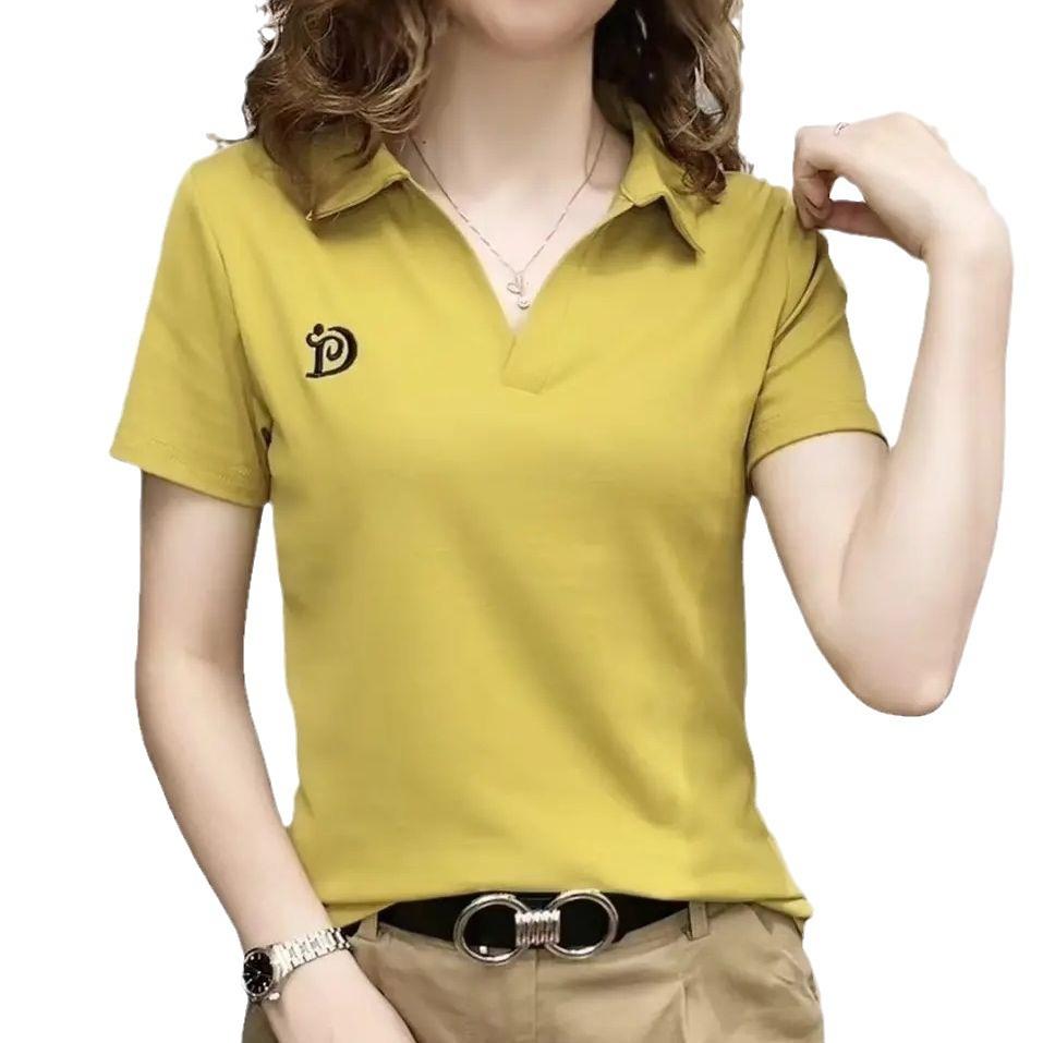Fashion Polo T Shirt Women Short Sleeve Summer V Neck Letter Pullover Soft Green Knitted Tees Female Clothing Large Size Ladies