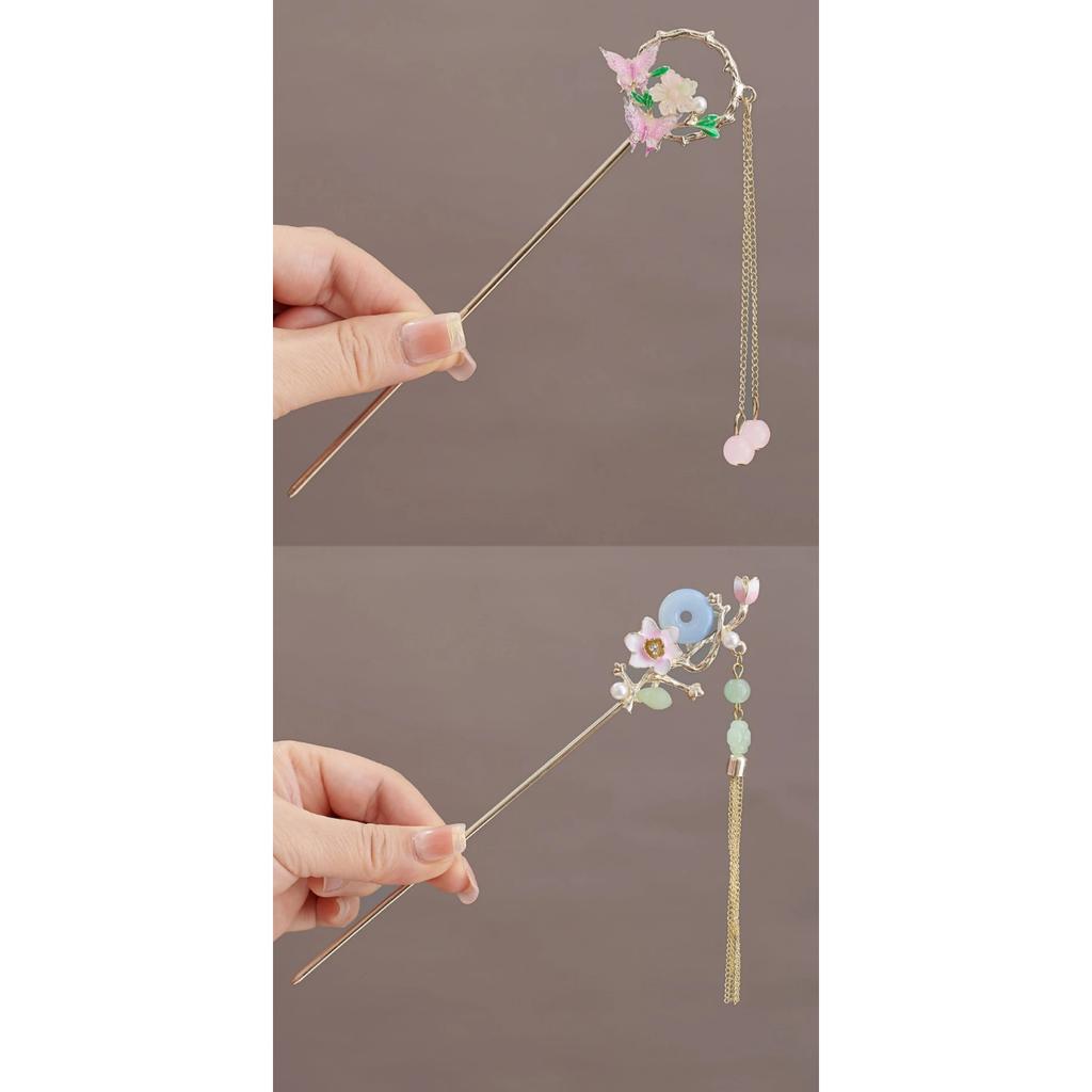 2pc Elegant Chinese Style Flower Butterfly Tassel Hairpin Vintage Hair Tool Daily Wear Holiday Gift Women Jewelry Hair Accessory