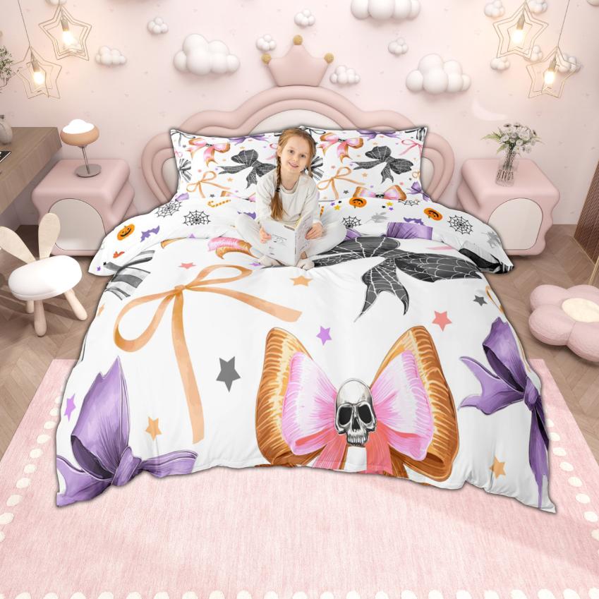 Homewish Set Copripiumino con Fiocco per Bambine Set Biancheria da Letto con Fiocco e Nastro da Principessa Set Copripiumino a Quadri con Fiocco