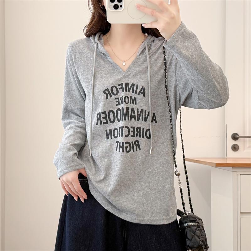 Women's Plus Size V-Neck Letter Print Hoodie - Long Sleeve Casual Slimming Top for Spring 2026