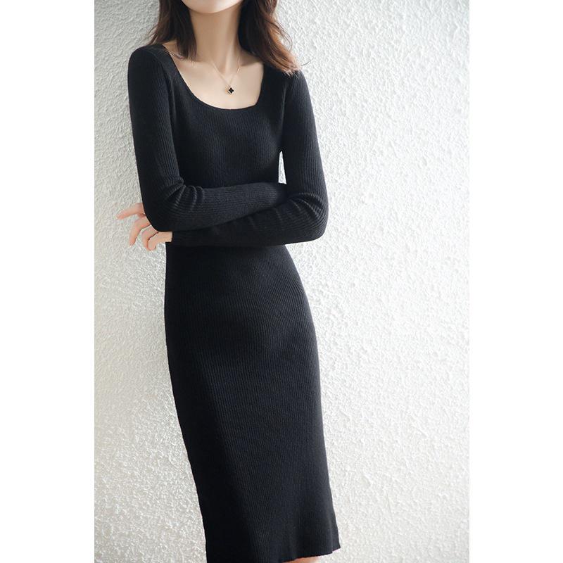 Wool Knitted Retro Bodycon Dress Skirt with Long Sleeves