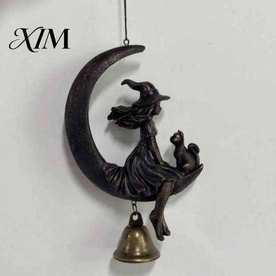 Moon Witchcraft Decorations Halloween Witch And Black Cat Wind Chime, Vintage on Crescent Spooky Seasonal Home Decor Hanging Bell, Gothic Ornament for