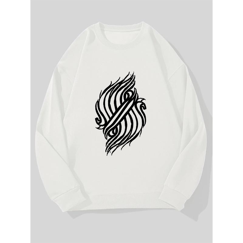 Men's White Flame Graphic Oversized Sweatshirt - Casual Round Neck Sweater,Machine Washable Solid Color Top for Casual Attire & Layering