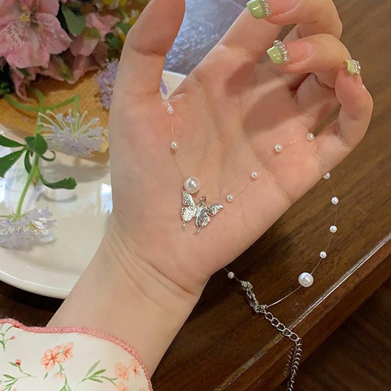 Naszyjnik z perłowym motylem, damski metalowy łańcuszek na obojczyk z motylem