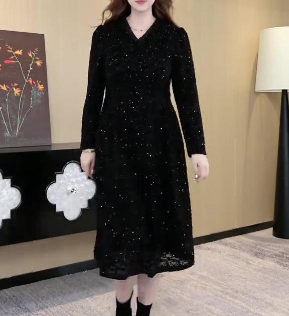 Spring Light Luxury Lace Evening Gown - Plus Size, Long Sleeve, Shiny Casual Dress for Women