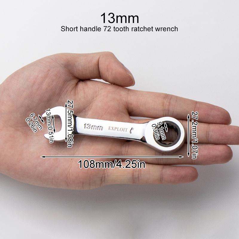 1Pc Metric Open End Wrench with Tight Spaces Gear Repair Hand Tools Steel Stubby Ratcheting Wrench Spanners 72-Tooth Car Repair