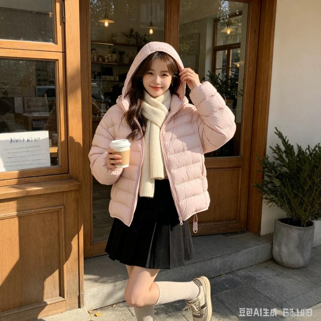 New in autumn and winter, small women's hooded ribs casual versatile puffs short down jackets for women