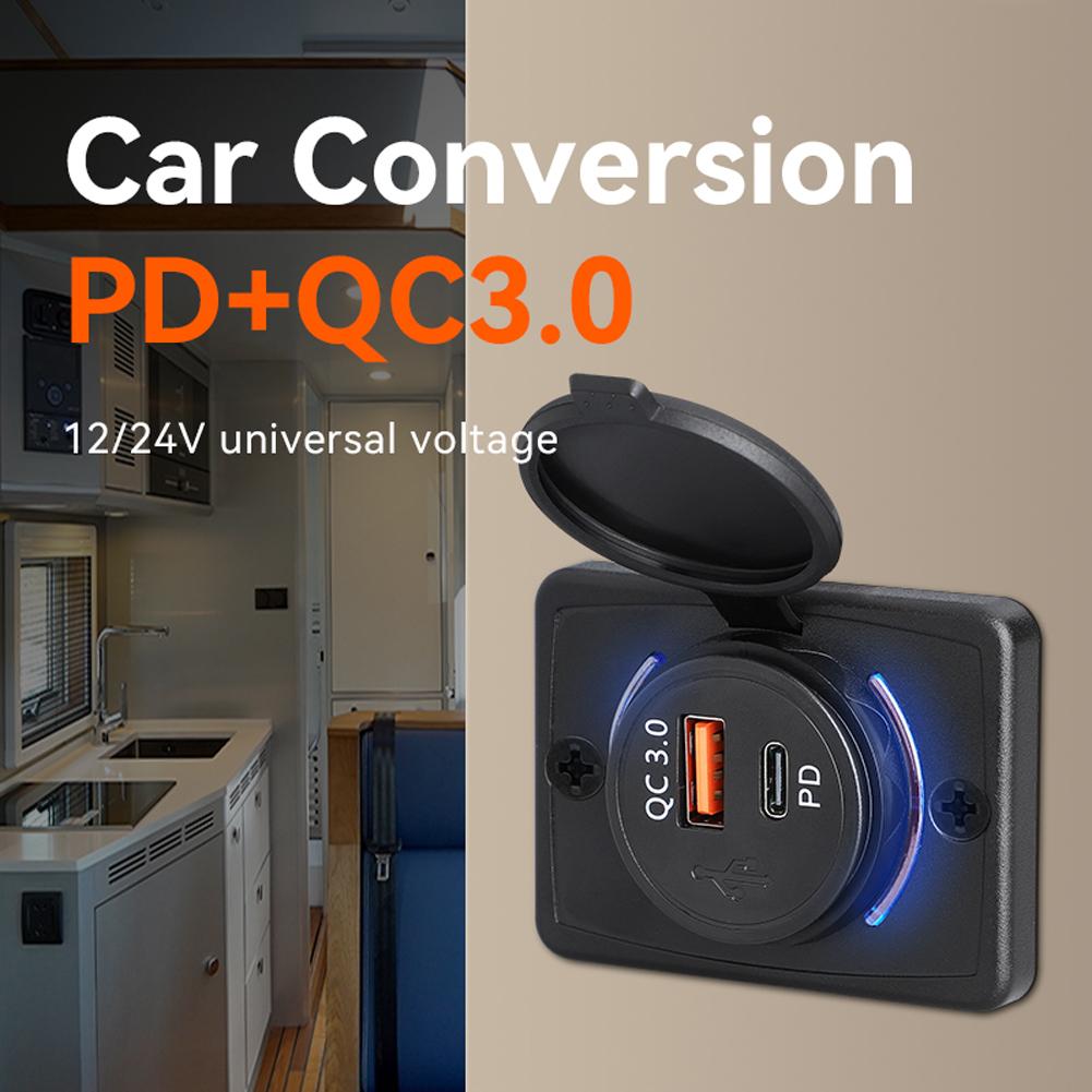Enchufe Cargador de Coche 12-24V 18W PD QC3.0 Puertos de Carga USB para Coche Barco Marino con Luz LED Enchufe de Montaje en Panel de Superficie Plana