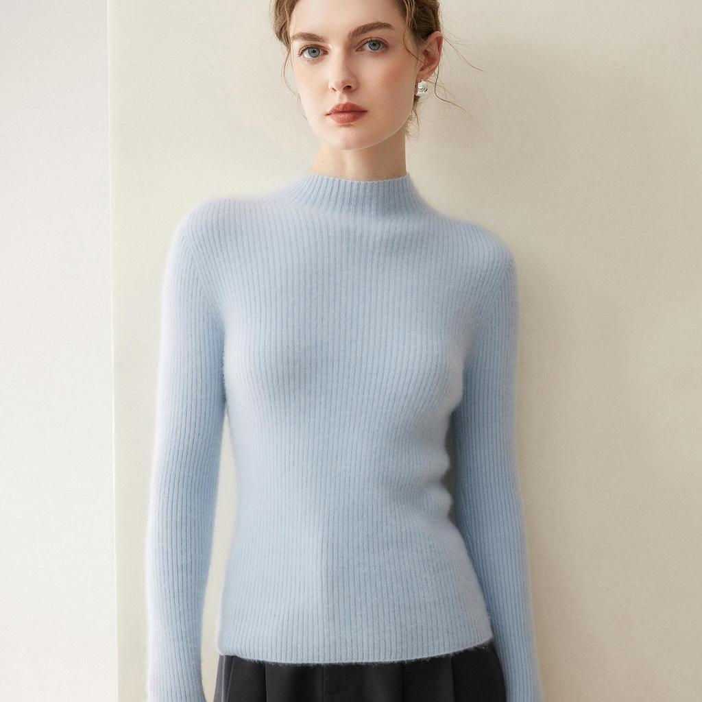 Women's 100% Cashmere Long Sleeve Knit Sweater - Half-High Neck, Tight-Fitting, Versatile Base Layer for Autumn/Winter.