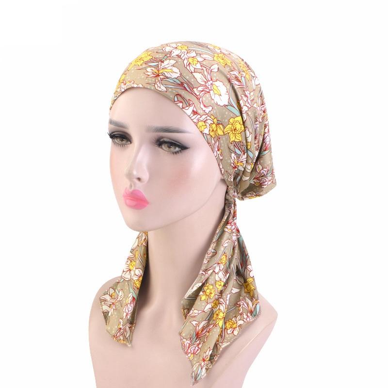 New Women Printed Pre-Tied Turban Cap Muslim Hijab Inner Caps Hair Loss Cover Beanies Bonnet Long Tail Headscarf Strech Bandana