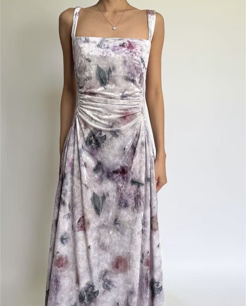 French pink floral suspender summer 2026 new retro style temperament beautiful and thin long dress women S
