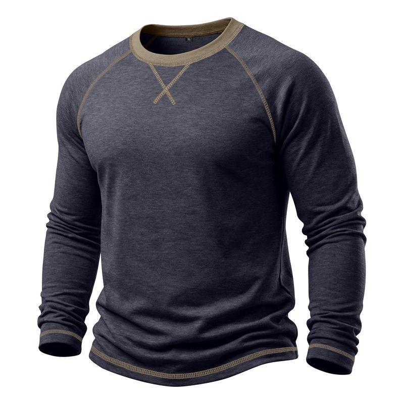 Mens Long Sleeve Round Neck Basic Color Block T Shirt