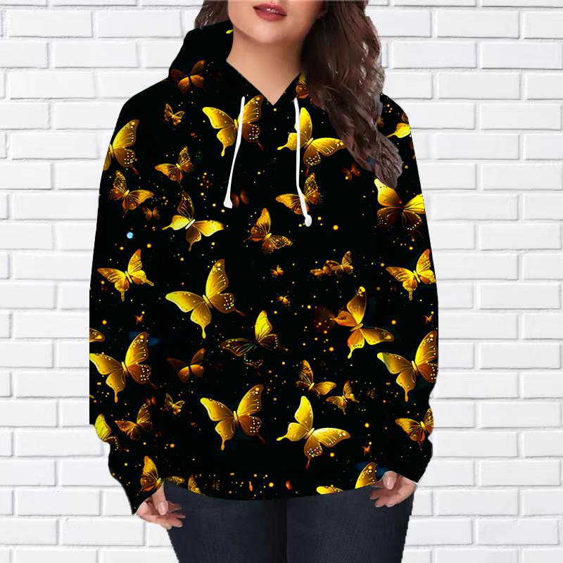 

Женская мода Золотая бабочка Принт Свободные толстовки с капюшоном Блузка Толстовка Повседневный длинный рукав Пуловер Топы 6XL золотой