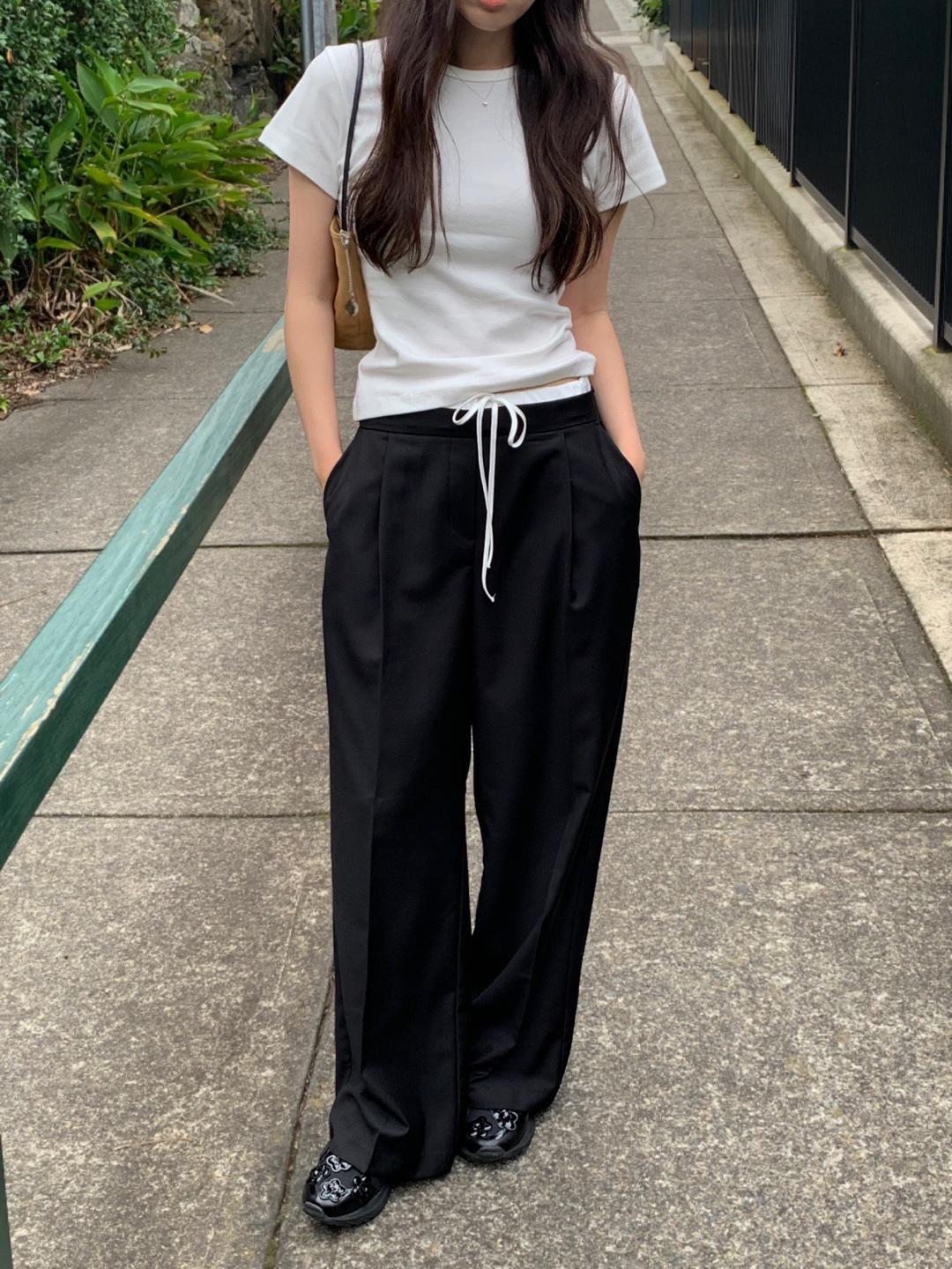 Korean Retro Color Block Patchwork Double Waistband Tie Casual Women s Pants Small