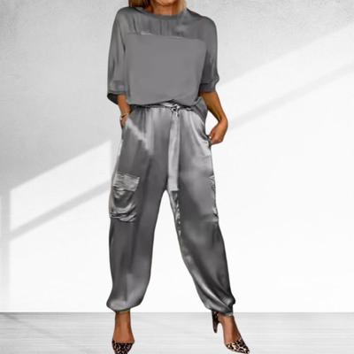2 Teile/satz Frauen Top Hosen Set Satin Dreiviertel Ärmel O Hals Schnürung Taille Einfarbig Weiche Atmungsaktive Casual Taschen Lose Bluse Hosen Set