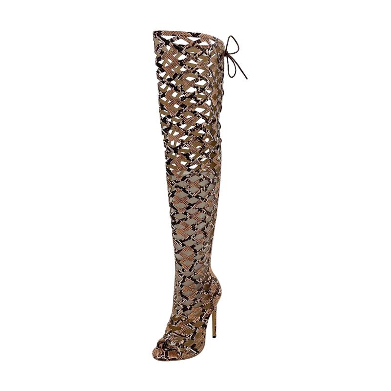 Eilyken Serpentine Peep Toe Vyhĺbené čižmy nad kolená Žena Sexy Šnurovanie Nočný klub Párty Tenké topánky na vysokých podpätkoch