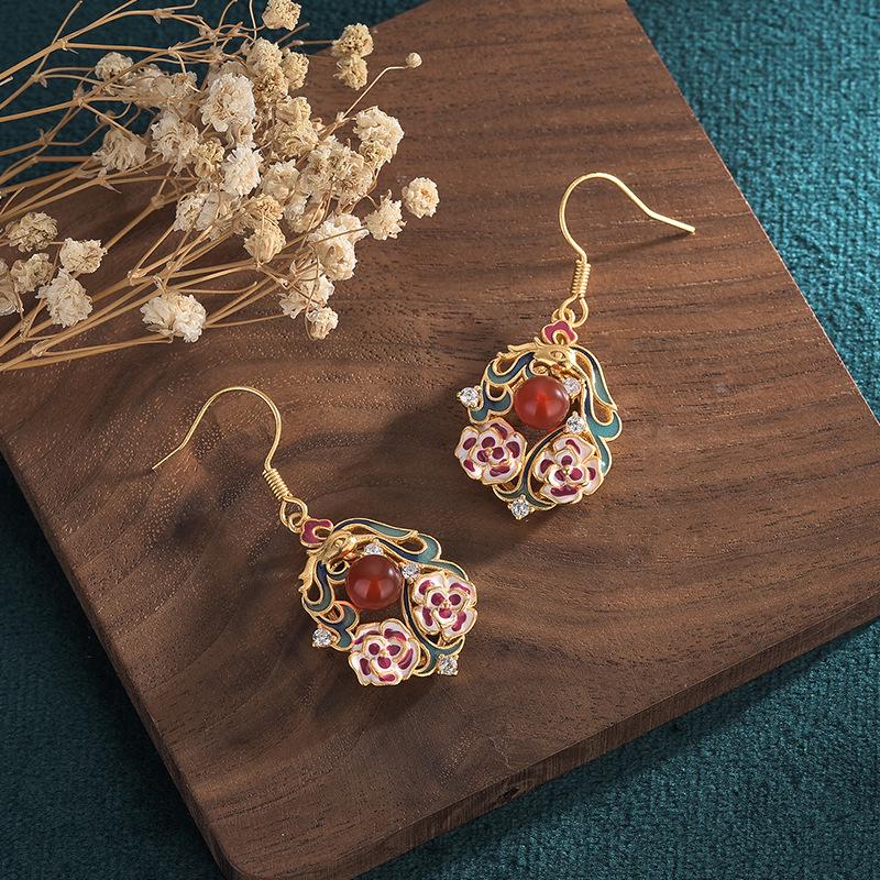 Guochao Cloisonné Enamel Chalcedony Stud Earrings for Women - Jingtai Blue Chinese Style Dangle with Cheongsam Influence