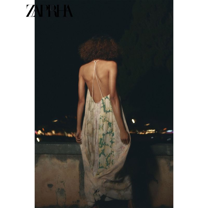 Zaprha 2025 Лето Новый Праздничный Стиль Открытая Спина Тонкие Бретели Цветочный Принт Лоскутное Платье 2826127