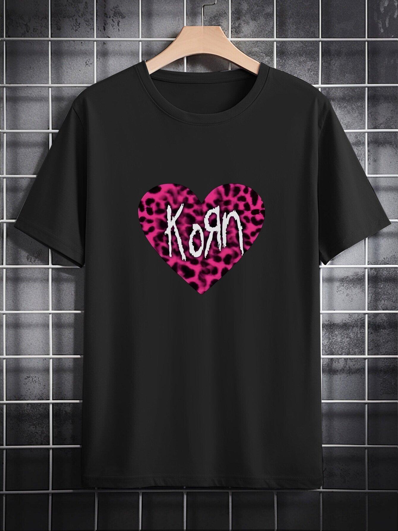 Casual Round Neck T-shirt with KORN Leopard Heart Print - Black Polyester S
