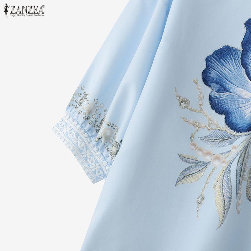 ZANZEA Women Casual Round Neck Floral Print Loose 3/4 Sleeve Blouse