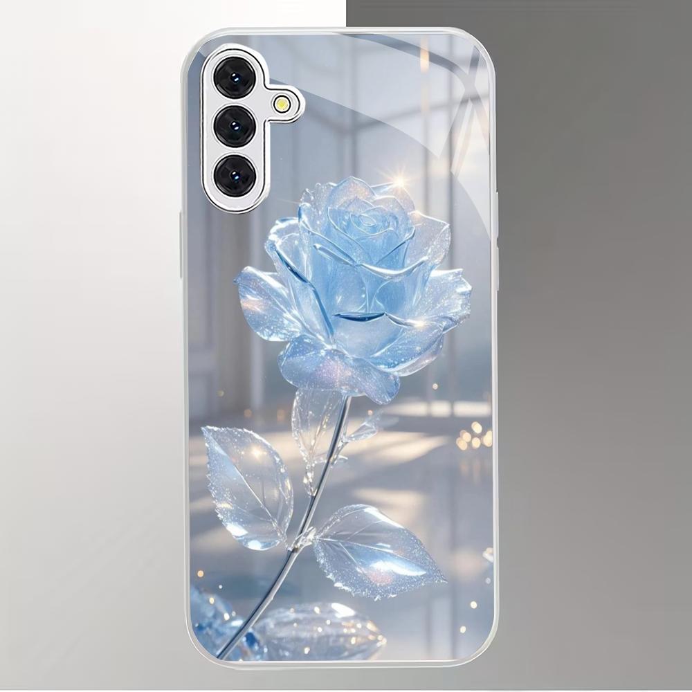 Crystal Flower Silver Plated Glass Phone Case Suitable for Samsung Galaxy S26 S25 S24 S22 S21 S20FE/Ultra/Plus Scratch Resistant