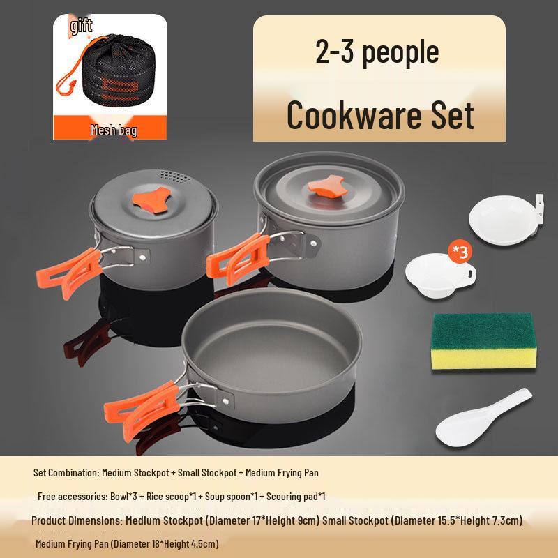 Portable Camping Cookware Set: Outdoor Pot, Cassette Stove, Hanging Pot, Picnic Tableware, and Cooking Utensils.