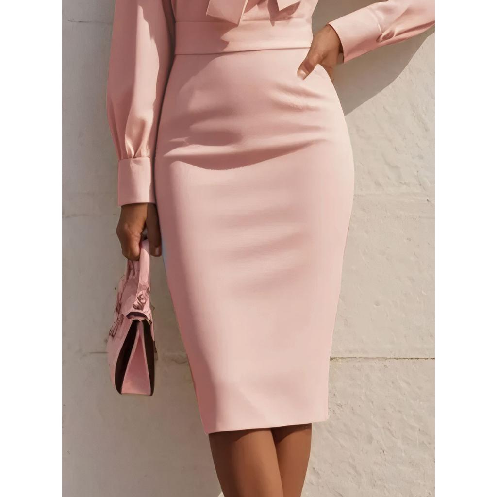 Women's Bow Tie Waist Dress, Elegant Solid Color Office Dress with Slimming Silhouette, Business Casual Workwear for Professional Setting