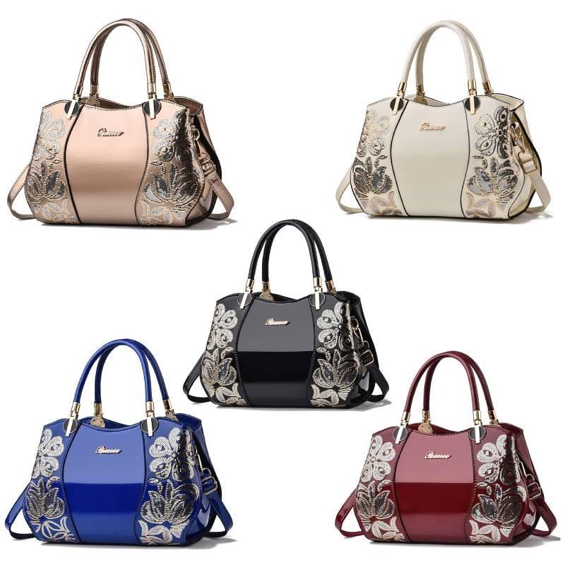 Stilvolle Damen-Boston-Tasche für mittlere Jahre, Große, Atmosphärische Damenhandtasche, Patentleder-Mama-Tasche, Handtasche mit großem Fassungsvermögen