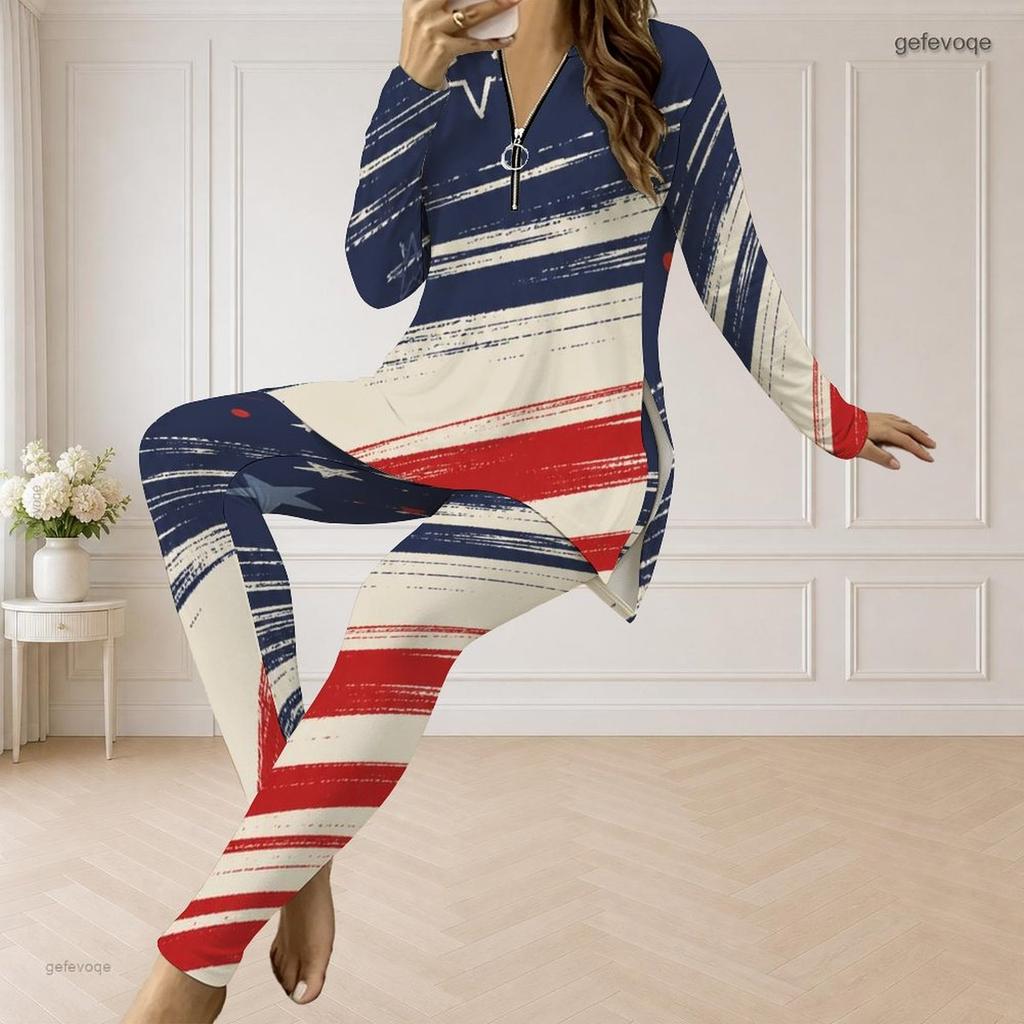 Women Plus Size Beige Star Printed Half Zip Long Sleeve Longline Top And Fitted Pants Two Piece Set