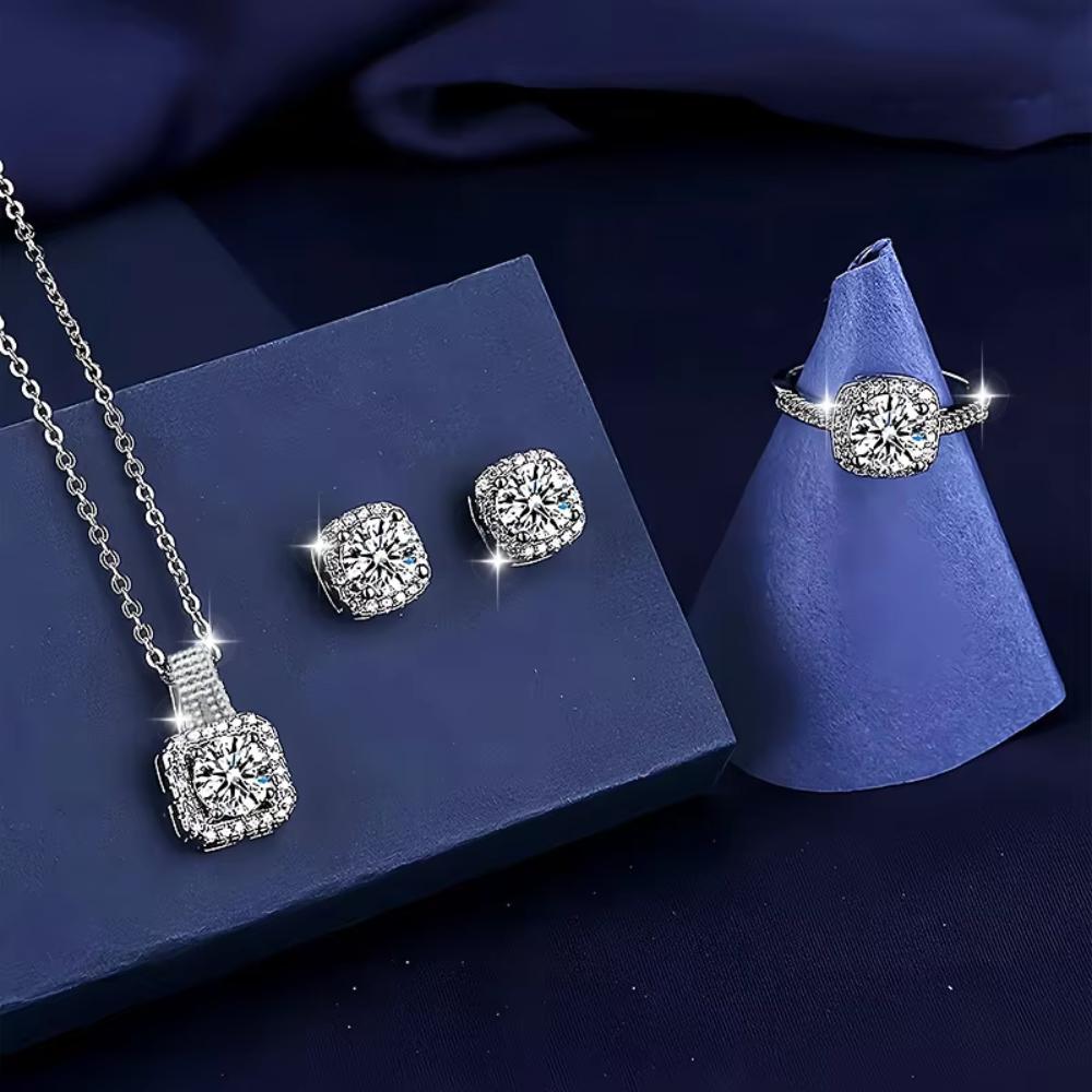 3pcs Set Luxury Brand Shiny Geometric Square Zircon Necklace Earring Rings for Women Charm Fashion Zircon Set Anniversary Gift