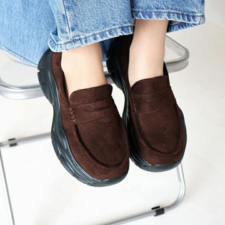Vivian Women's Platform Loafers with Volume Sole, V5343AL, Brown Suede, Size M (23.0-23.5)