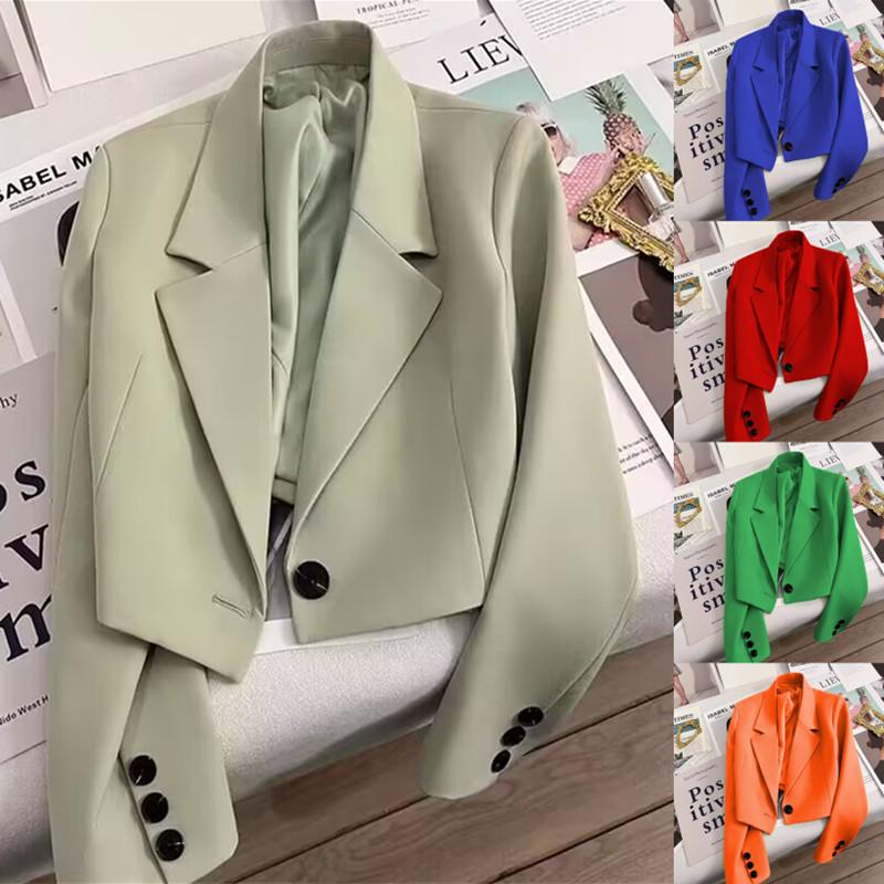 Women's One Button Short Blazer, Polyester Long Sleeve Notched Lapel Regular Fit Elegant Commuter Suit Jacket