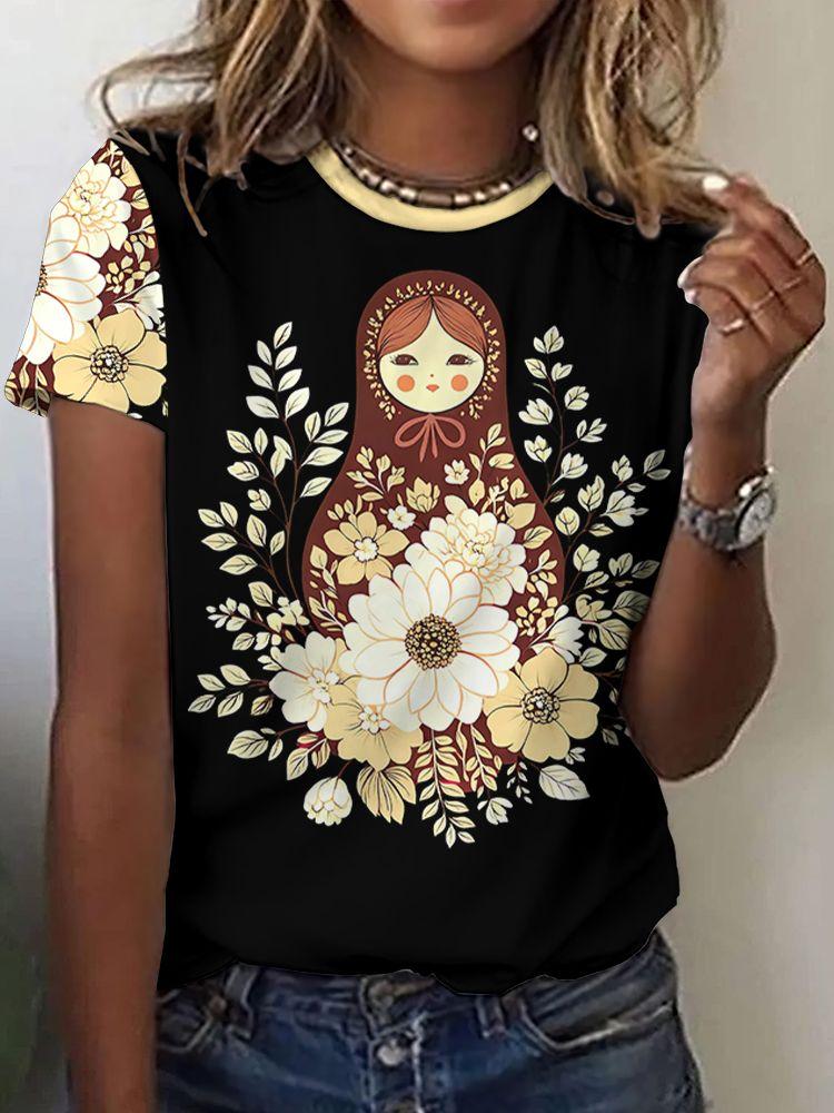Matryoshka doll 3D print women's round neck short-sleeved T-shirt, Harajuku style top, women's clothing